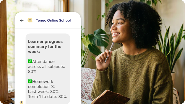 A Teneo learner studying independently on a laptop at home, supported by the Smart School System's personalised intervention tools