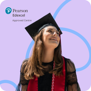 Smiling student with graduation cap and Pearson Edexcel Approved Centre logo