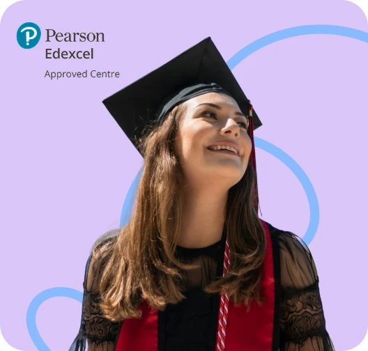 Smiling student with graduation cap and Pearson Edexcel Approved Centre logo